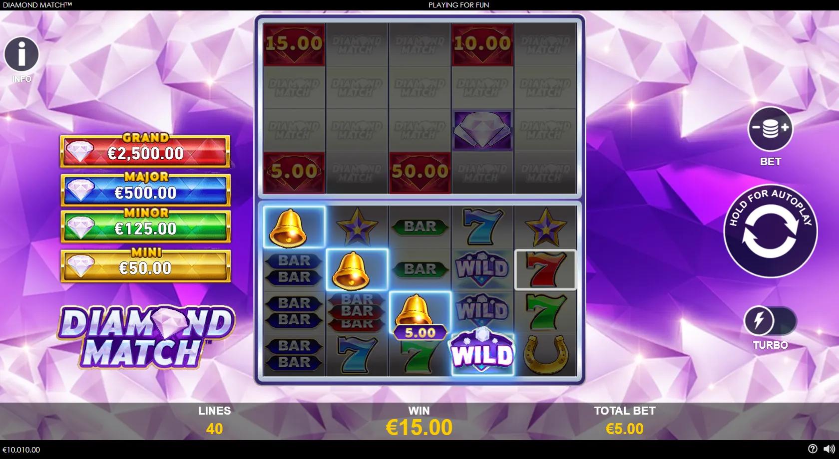 Diamond Match gameplay showing dual 5x4 reel sets with diamond cash coins and jackpot ladder