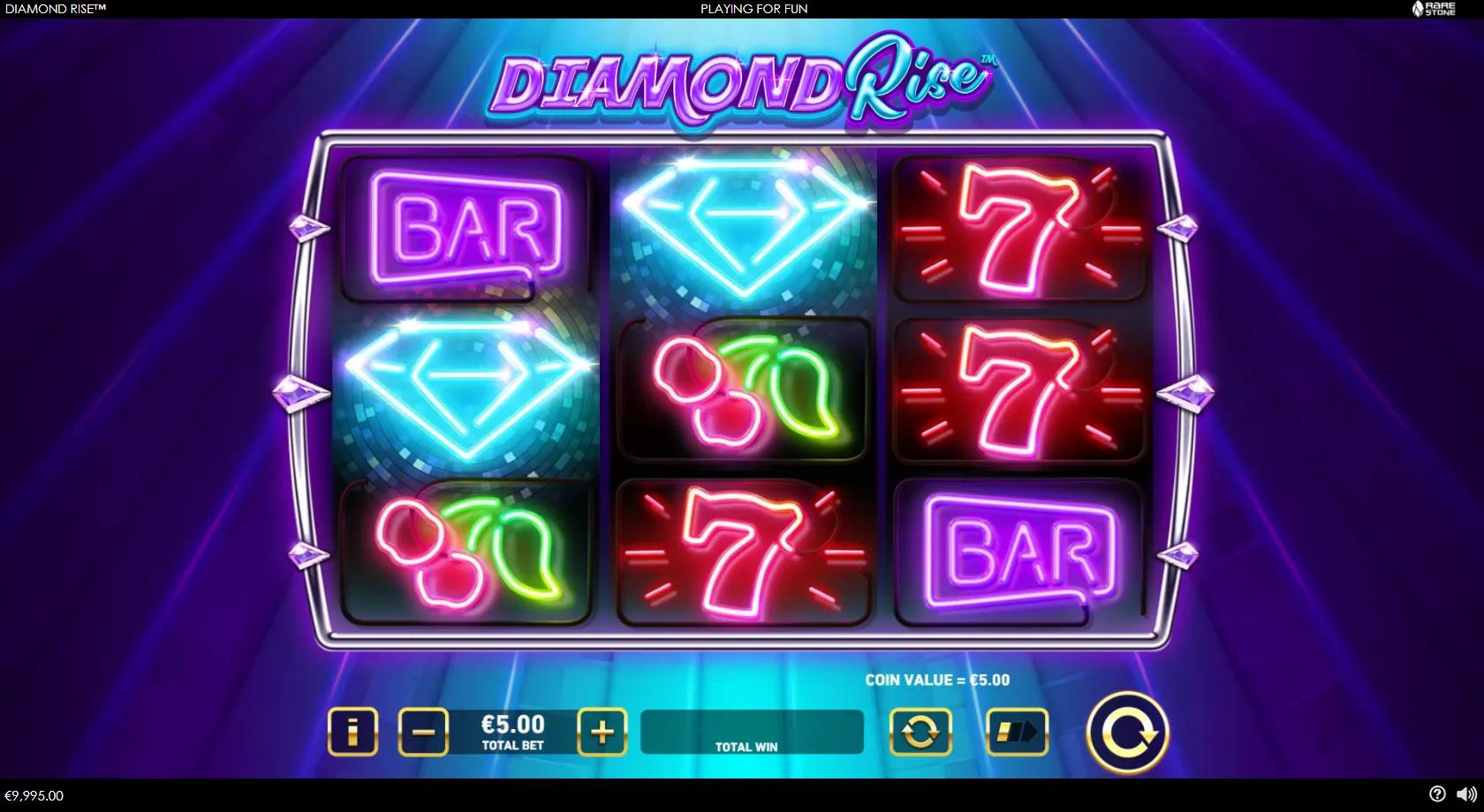 Diamond Rise gameplay showing a neon 3x3 reel set with BAR, red seven, grapes, cherries and a cyan diamond scatter