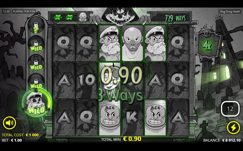 First Ding Dong Death Spin with a small three-way win and the global multiplier sign beside the reels already showing 4x