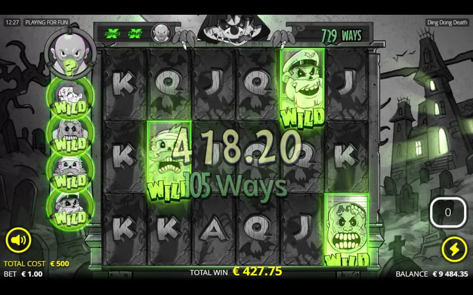 Final cascade of the 11 Ding Dong Spins paying across 105 ways with the Mental Patient on all six reels