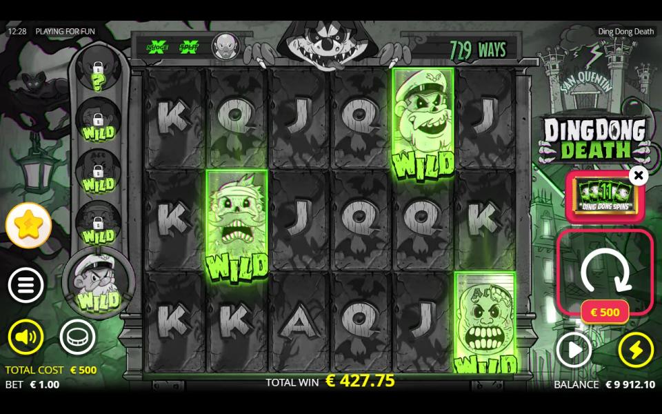 Ding Dong Death after a bought bonus, the spin button still showing the 500 price and the armed buy card beside the reels