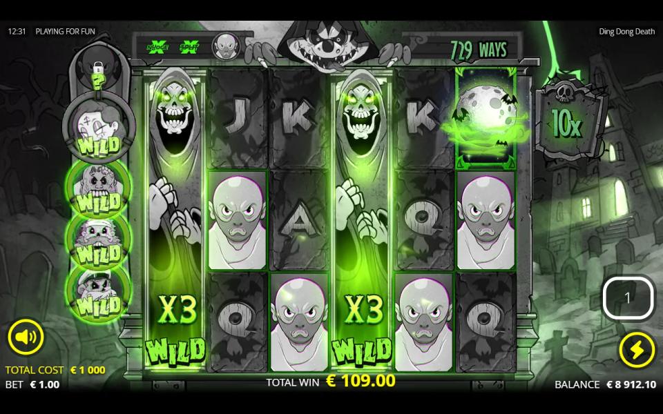 Ding Dong Death Spin with two xNudge Wilds at x3 on reels 1 and 4, a moon Scatter on reel 6 and the global multiplier sign at 10x