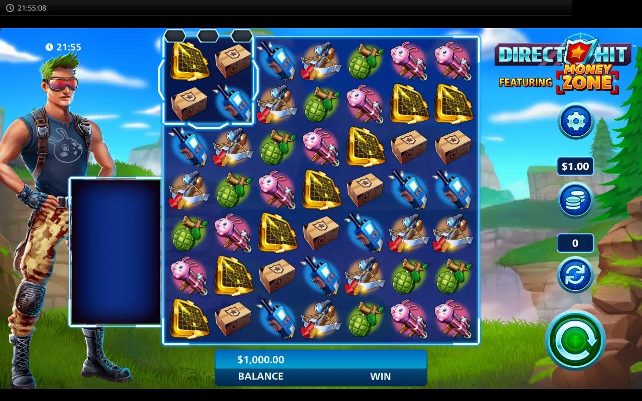Direct Hit slot showing 5x3 25-line war-room grid with the bomber-plane Wild and target BONUS scatter