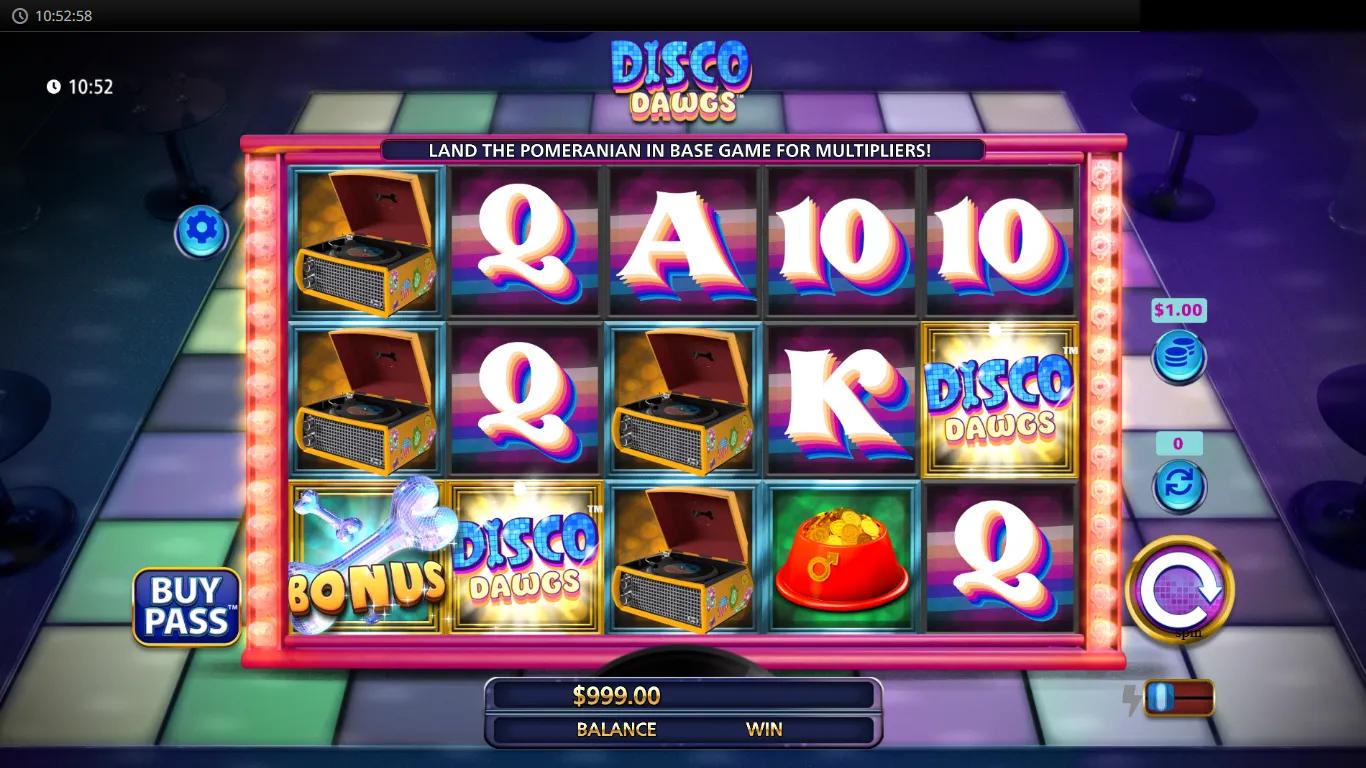Disco Dawgs slot gameplay showing 5x3 grid with Disco Dawgs wild and Bonus scatter on neon disco floor
