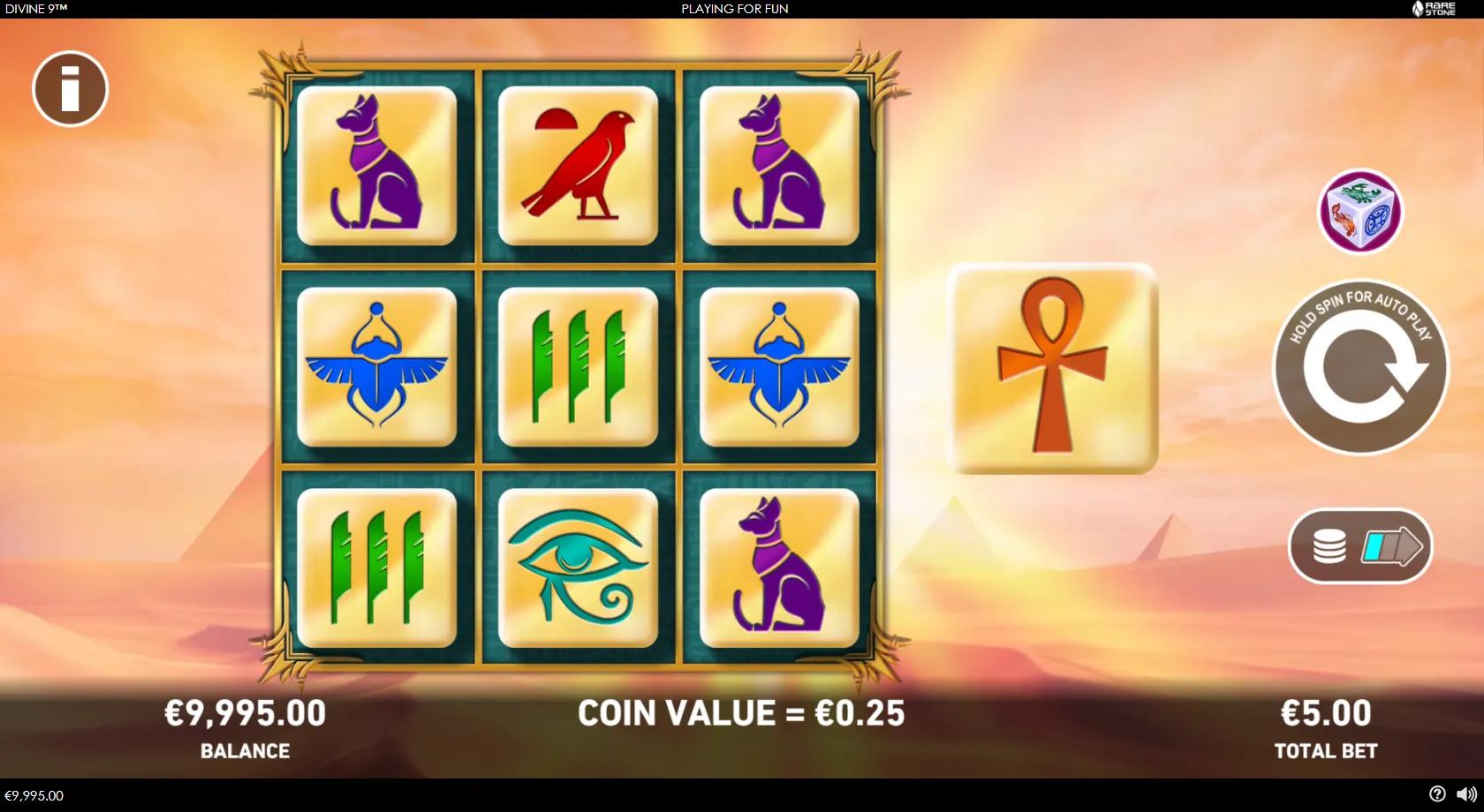 Divine 9 gameplay showing a 3x3 grid of Ancient Egyptian dice with a big dice beside the board