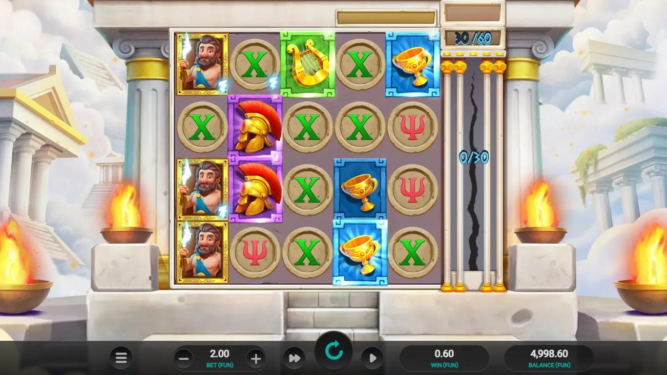 Divine Bolt slot gameplay showing 6x4 Greek mythology grid with Zeus high-pay symbol and right-side bolt charge meter