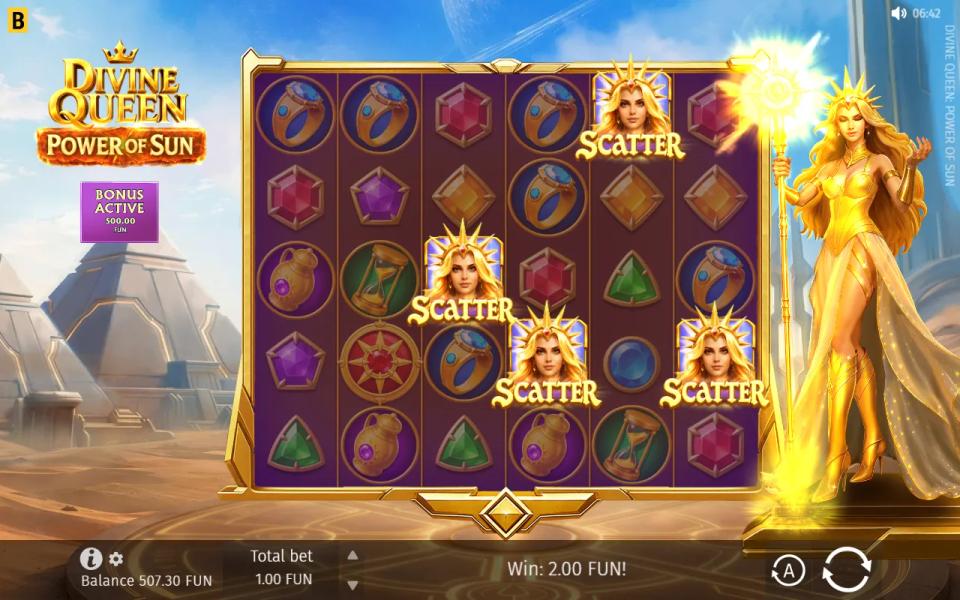 Divine Queen: Power of Sun 6x5 board with four queen scatters landed and the golden queen's sun staff lit up beside the reels