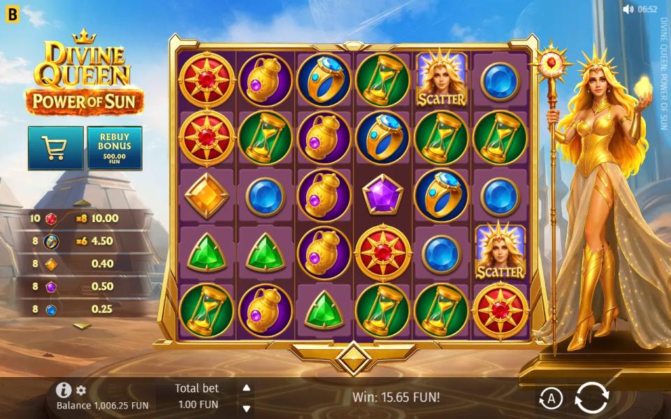 Base game refill chain in Divine Queen: Power of Sun with a side list of five wins, ten red gems at x8 and eight rings at x6
