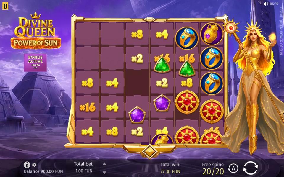 Last free spin of a bought round in Divine Queen: Power of Sun, cleared cells carrying multipliers from x2 to x16