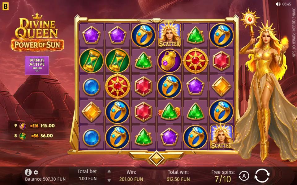 Super Free Spins in Divine Queen: Power of Sun, nine golden jugs paying at a summed x116 and eight hourglasses at x56