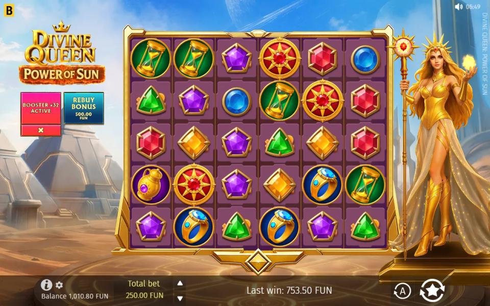 Booster x32 spin in Divine Queen: Power of Sun settled with a full board and no eight of a kind, total bet 250