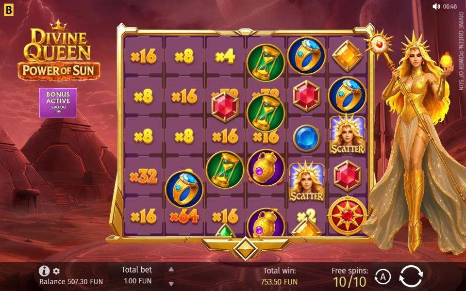 Final Super Free Spin in Divine Queen: Power of Sun with cleared cells marked x8, x16, x32 and x64
