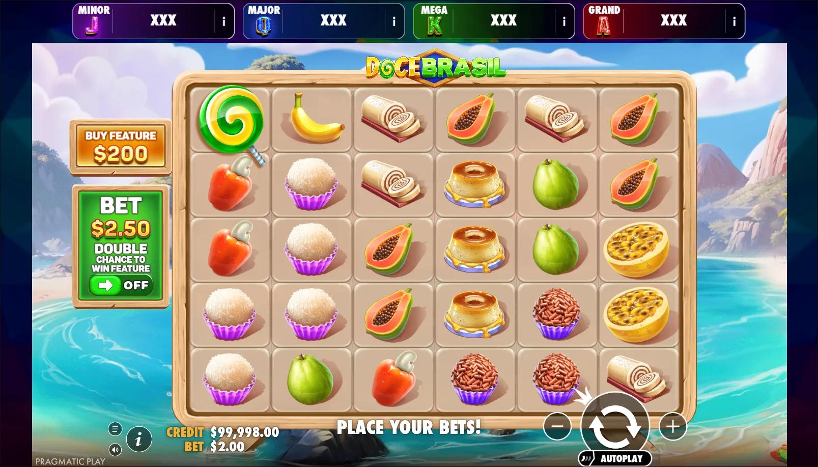 Doce Brasil slot gameplay showing 6x5 scatter-pays grid of Brazilian sweets with MINOR/MAJOR/MEGA/GRAND jackpot meters