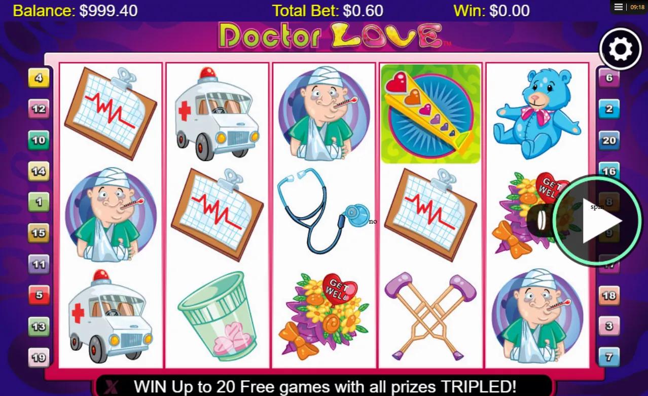 Doctor Love slot gameplay showing 5x3 grid with ambulance, crutches and ECG clipboard symbols