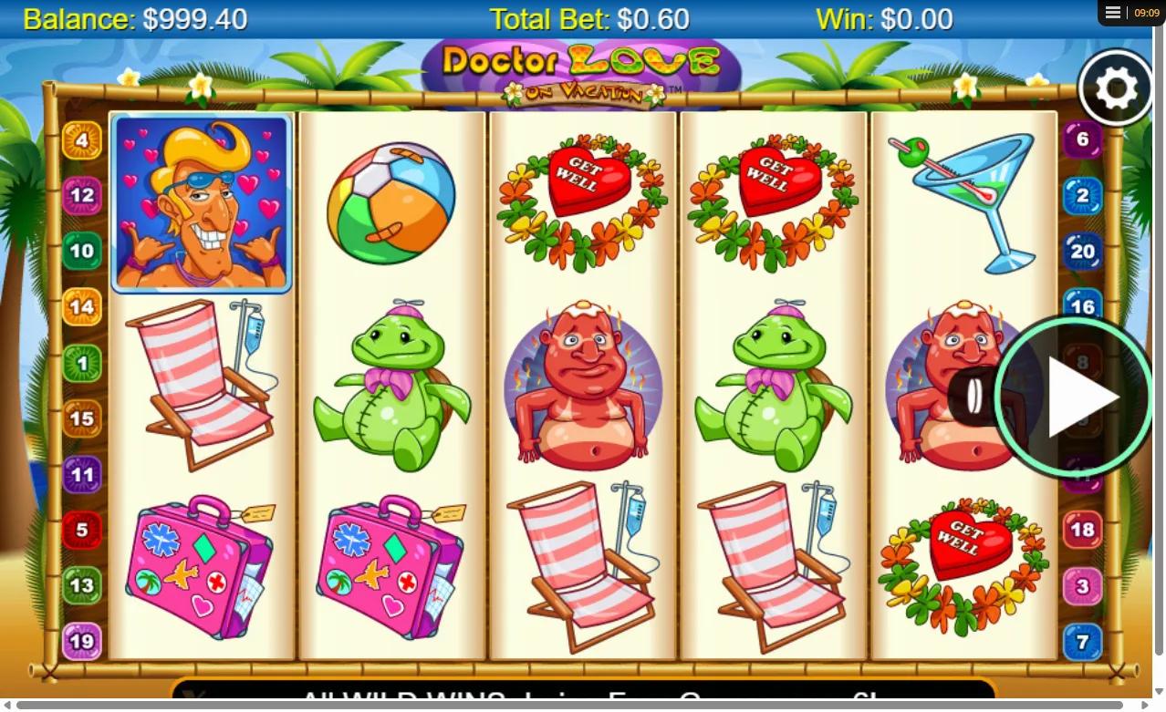 Doctor Love On Vacation slot showing 5x3 bamboo-framed grid with sunburned man, deck chair and Get Well lei symbols