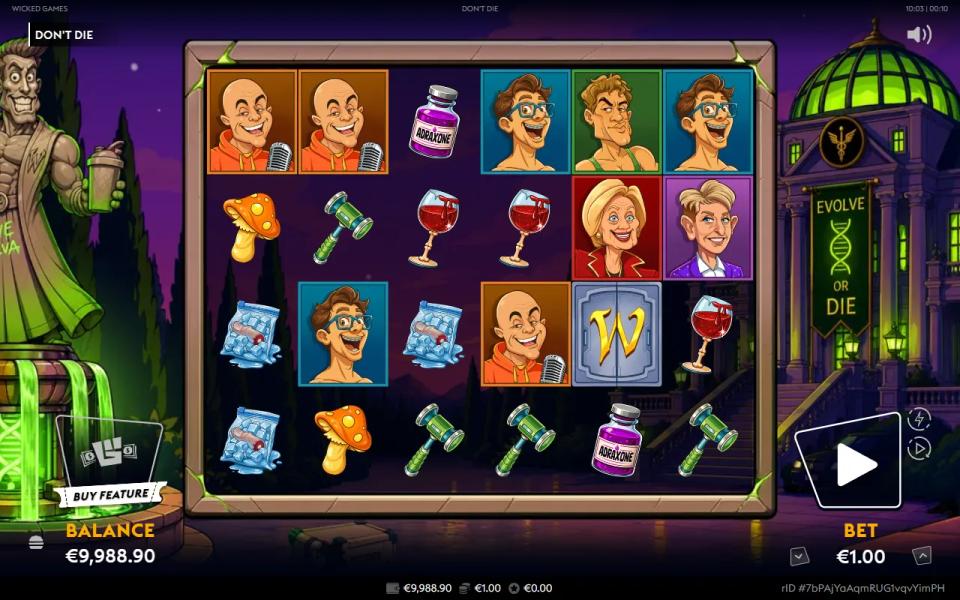 Don't Die base game showing a single wild that landed one cell tall and did not expand, with no winning payline