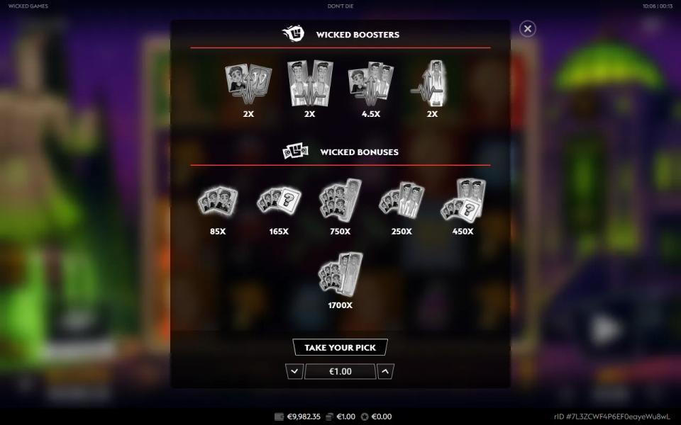 Don't Die buy menu listing four boosters from 2x and six bonus buys priced 85x to 1700x