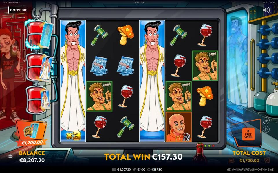 Don't Die free spins with two full-reel wilds standing on the grid while the free spin counter reads zero