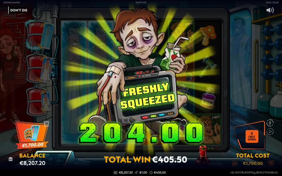 Don't Die paying 204.00 on a single re-spin at a 1.00 stake, announced as Freshly Squeezed
