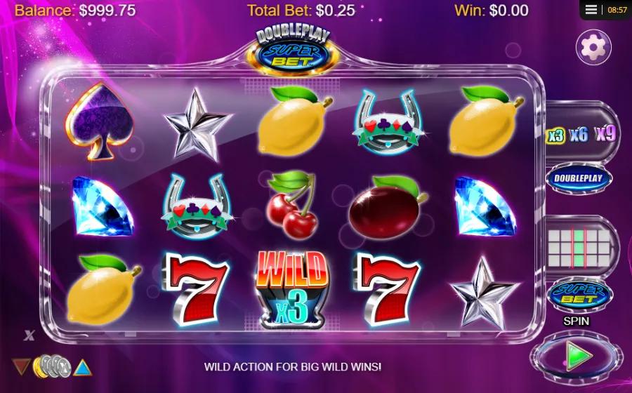 DoublePlay SuperBet slot showing 5x3 grid with WILD x3 multiplier symbol, gem horseshoe and red seven on classic fruit reels