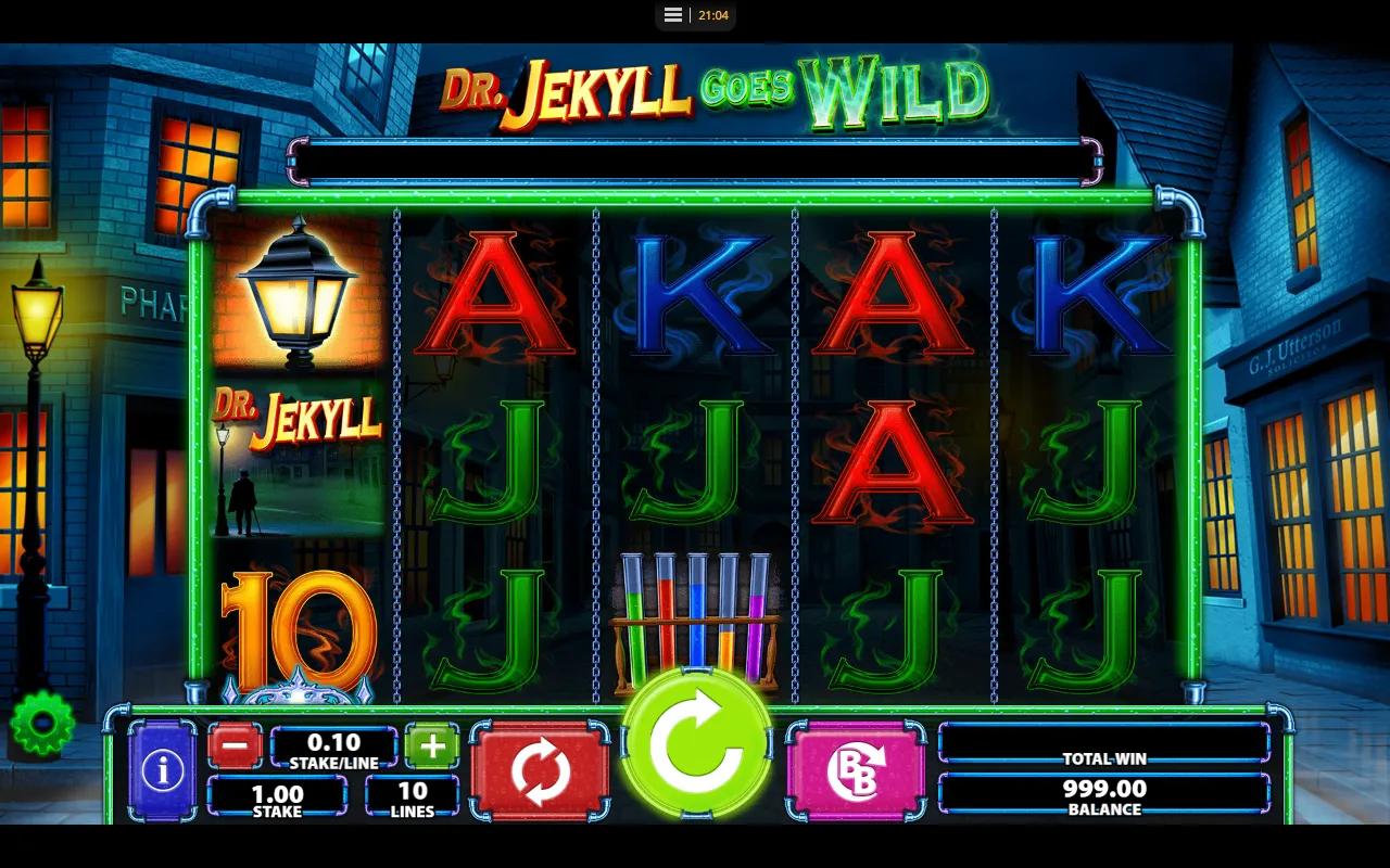 Dr Jekyll Goes Wild gameplay: 5x3 foggy Victorian London grid with Big Ben, gas lamp and green Dr Jekyll wild symbols