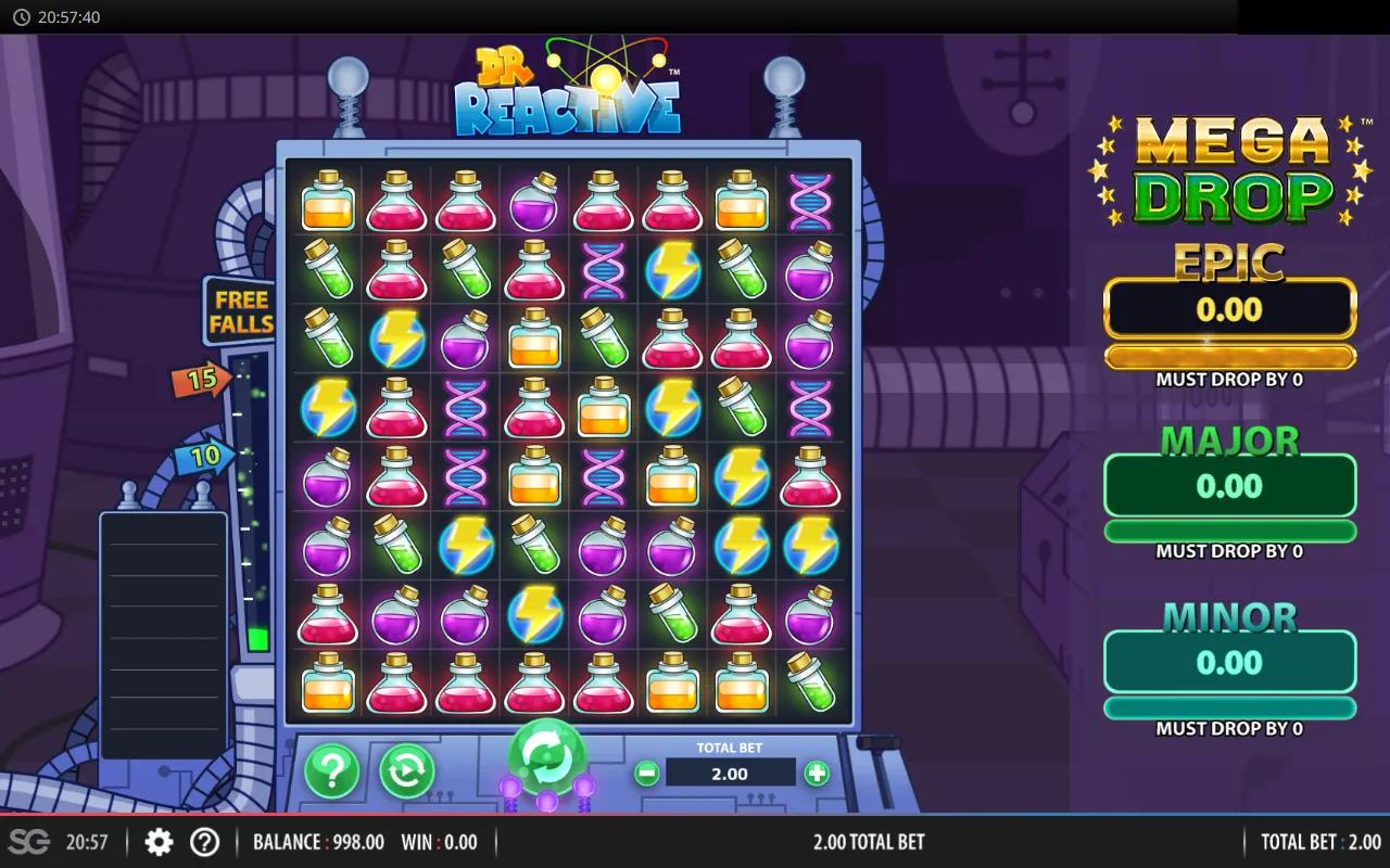 Dr. Reactive 8x8 cascading grid of glowing potion bottles with lightning bolt and DNA reaction symbols