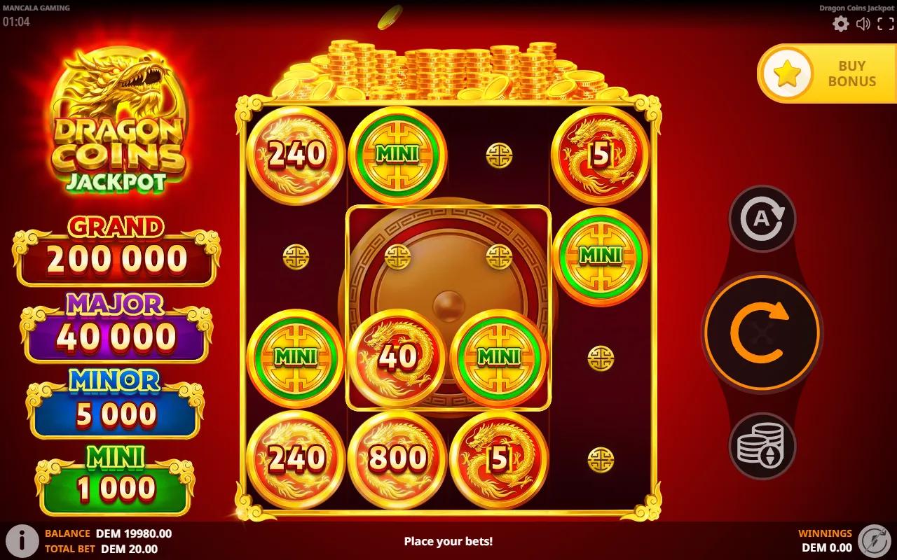 Dragon Coins Jackpot slot 4x4 grid with gold dragon coins showing 240, 800 and 40 cash values and MINI jackpot discs