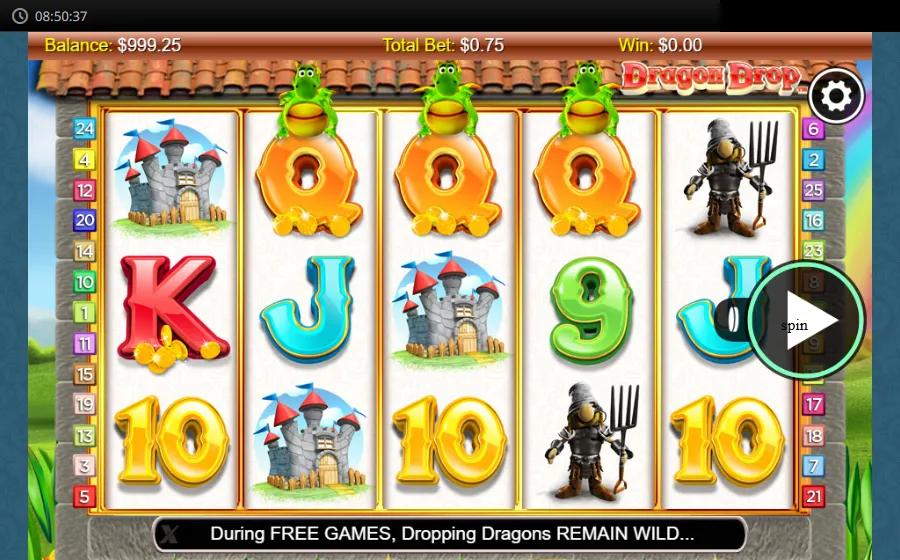 Dragon Drop slot showing 5x3 grid with green cartoon dragons on the rooftop, a castle, knight and candy card royals