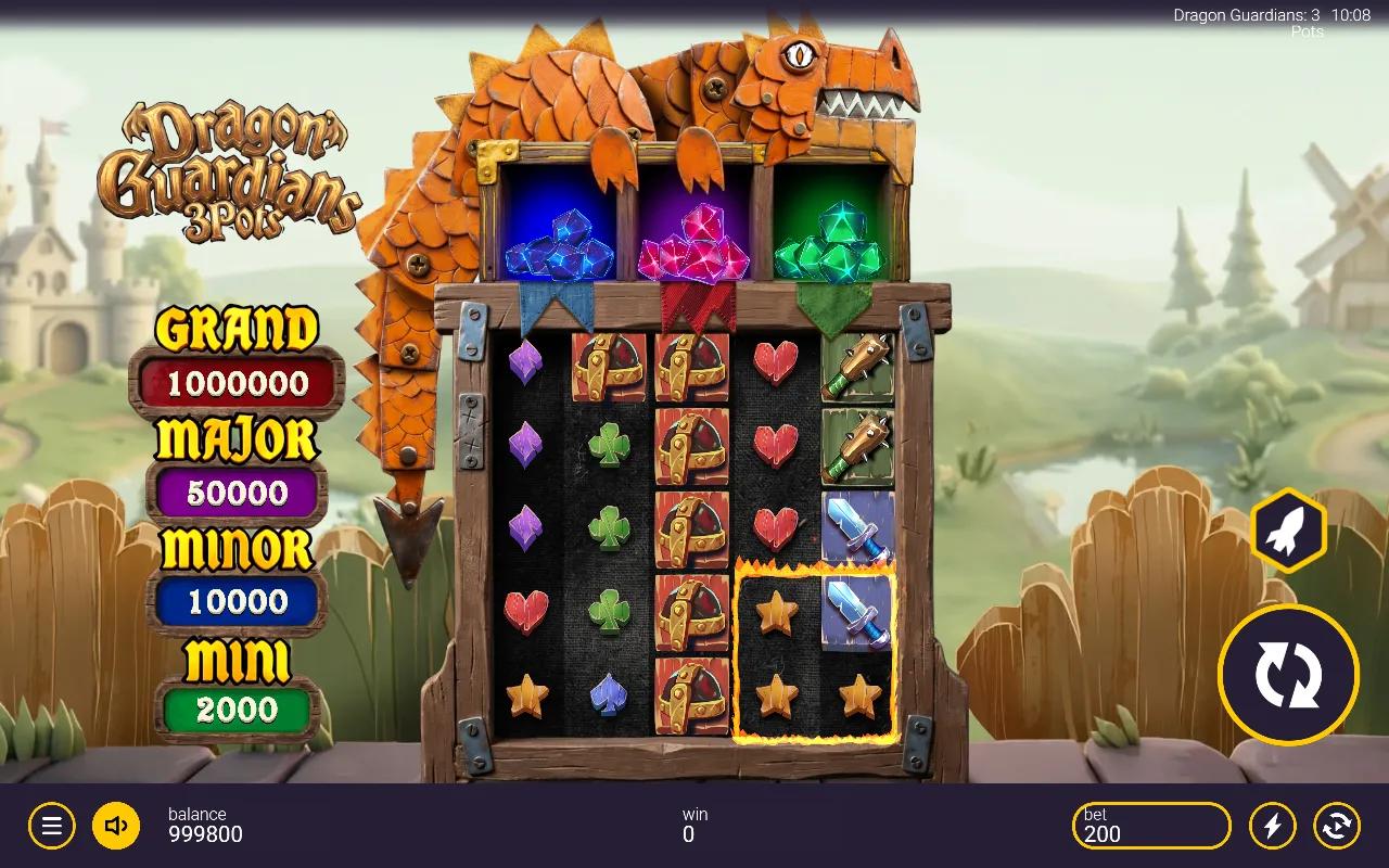 Dragon Guardians 3 Pots slot 5x5 grid with a lit Collect Zone on reels 4-5 and three gem pots above