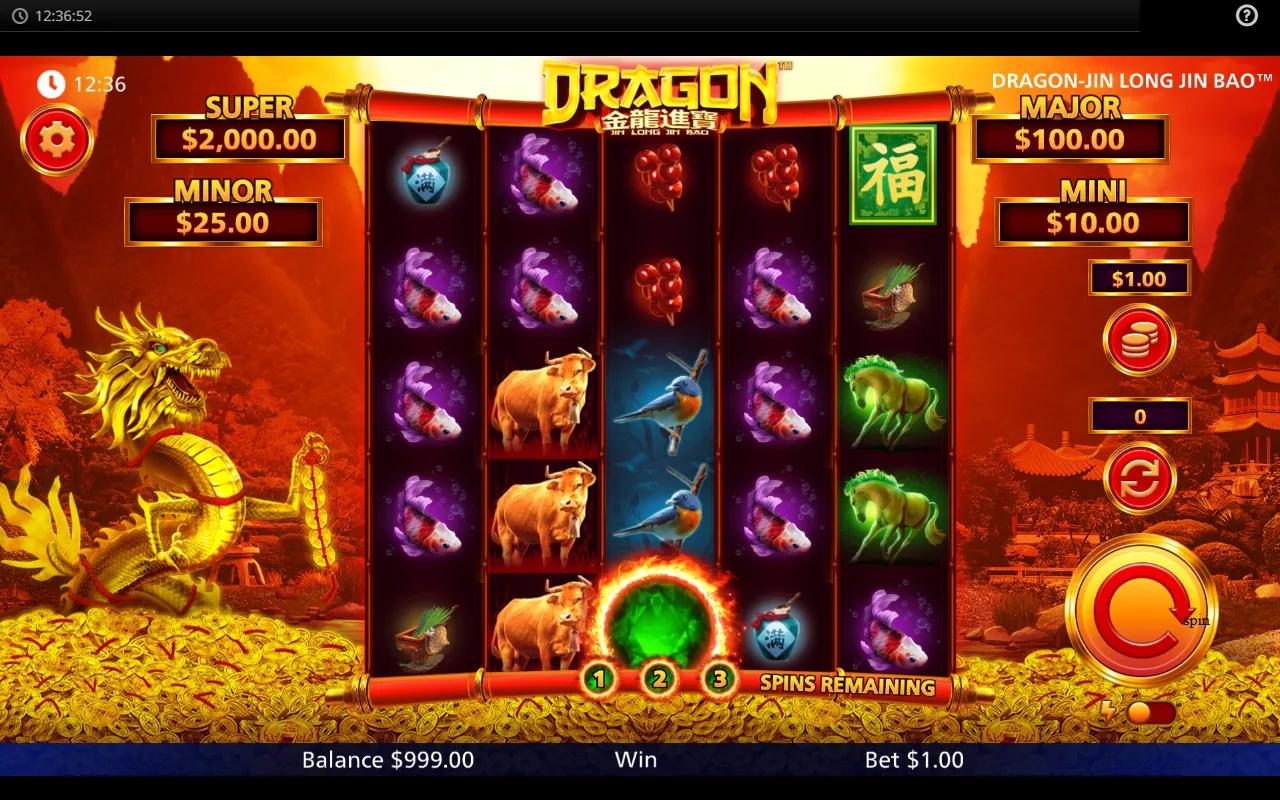 Dragon-Jin Long Jin Bao slot showing 5x4 grid with Fire Ring emerald frames and peasant-themed symbols