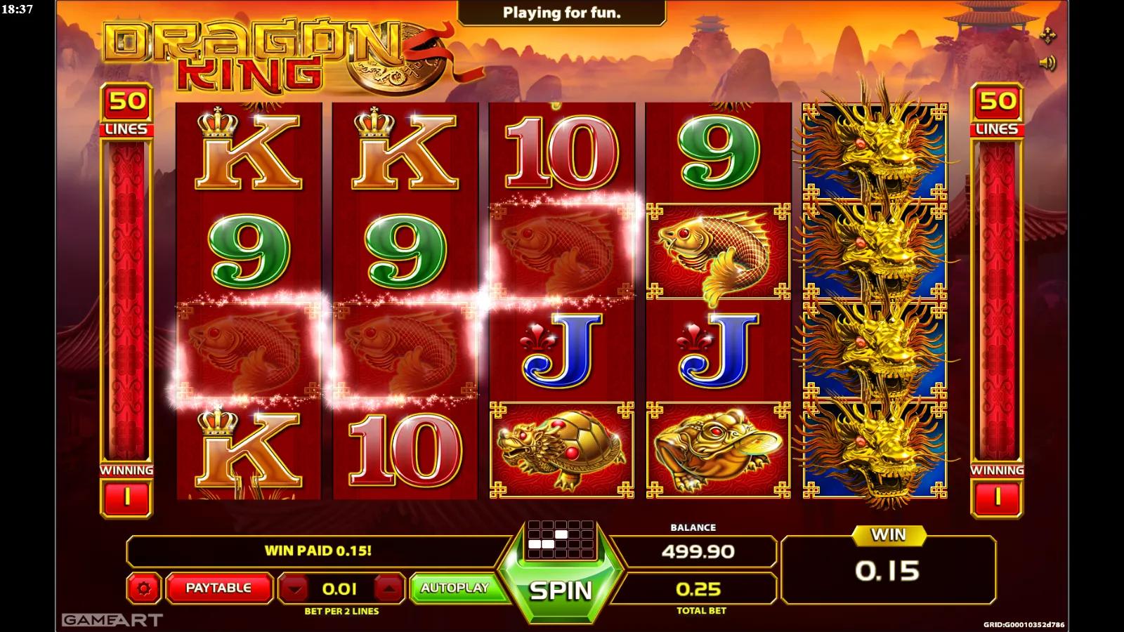 Dragon King slot gameplay showing the 5x3 oriental grid with stacked gold dragon Wilds, turtle and koi symbols