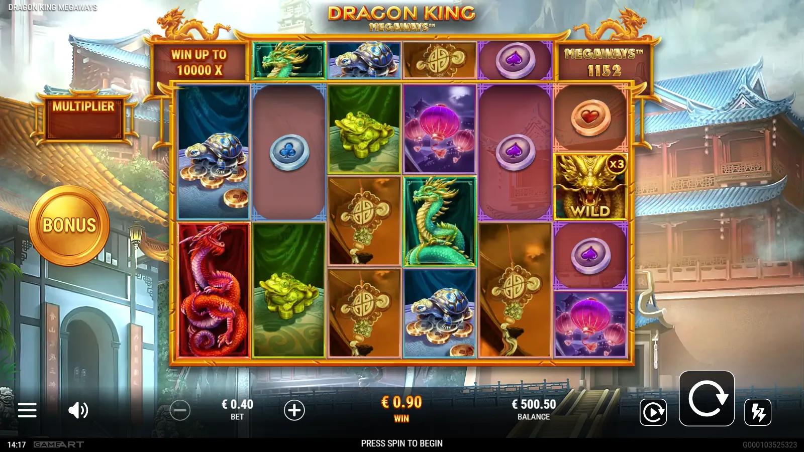 Dragon King Megaways slot gameplay showing 6-reel grid with green dragon, gold coins and a Wild x3 multiplier