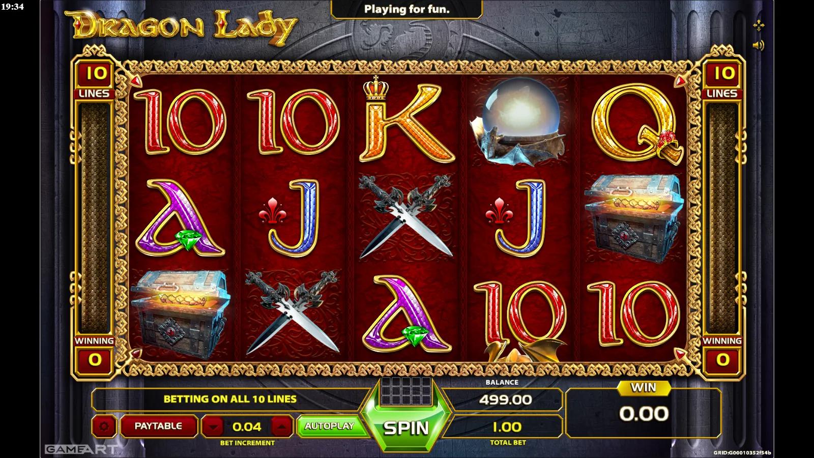 Dragon Lady slot gameplay showing the 5x3 fantasy grid with a winged dragon lady Wild, spellbook and treasure chest symbols