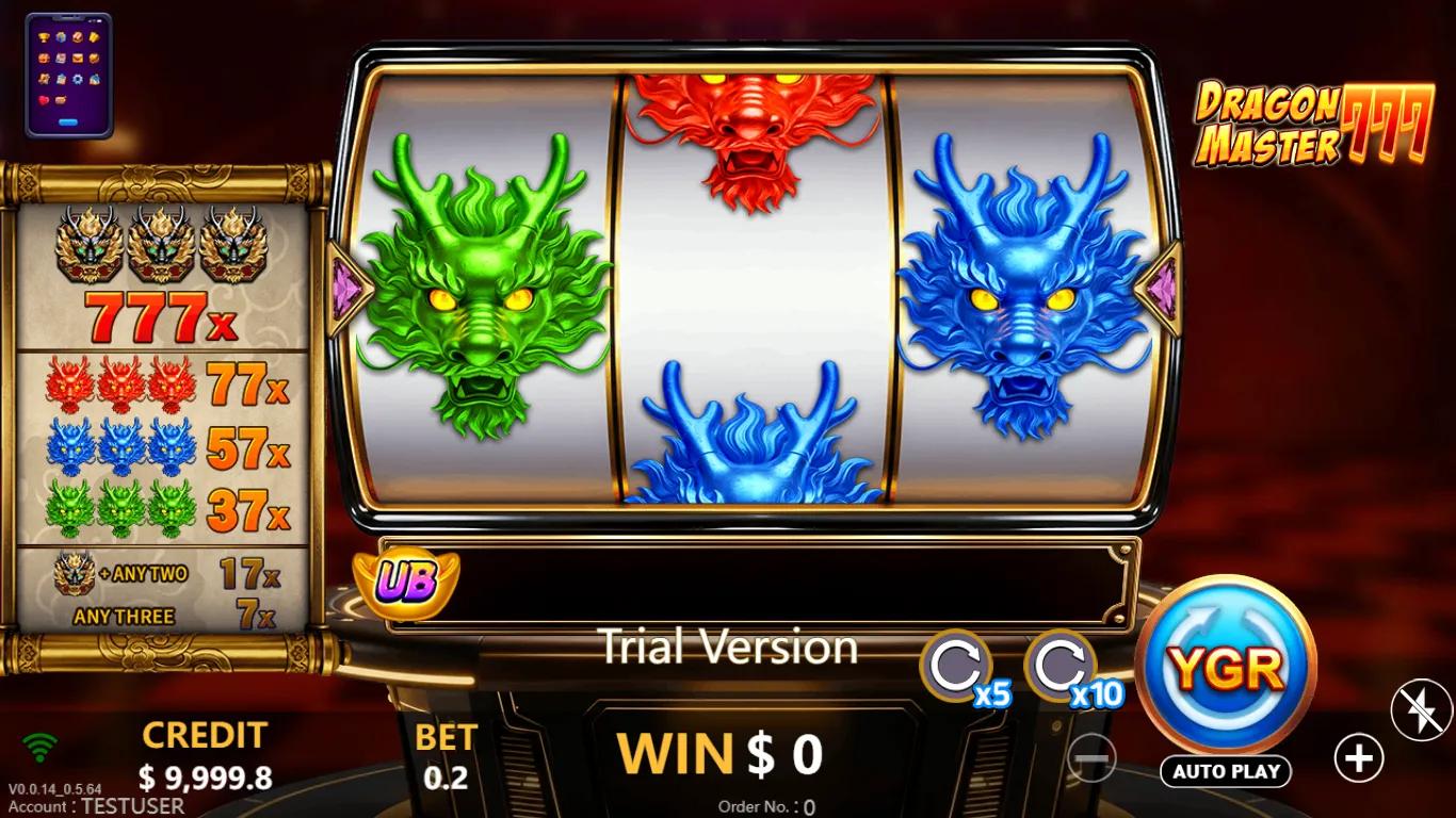 Dragon Master 777 gameplay showing 3-reel single-payline slot with Dark Gold Dragon Head symbol and Ultra Boost button