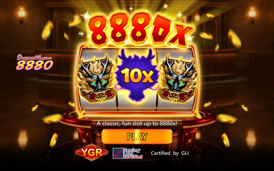 Dragon Master 8880 title screen showing two dark gold dragon heads either side of a purple Mystery Dragon Head stamped 10x