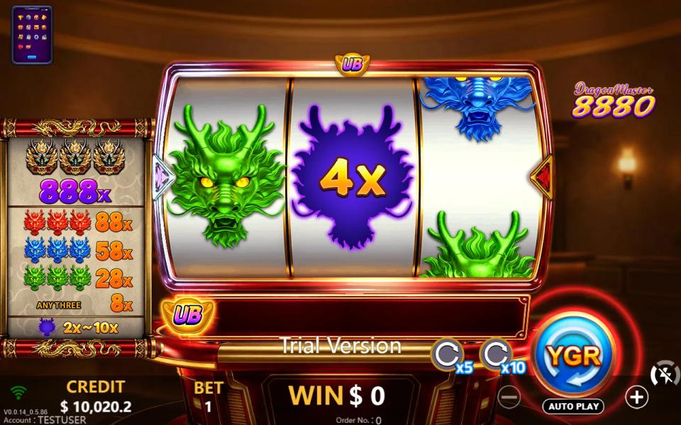 Dragon Master 8880 Ultra Boost round with the bet raised to 1.00, a 4x Mystery Dragon Head on reel two and a blank on reel three, win zero