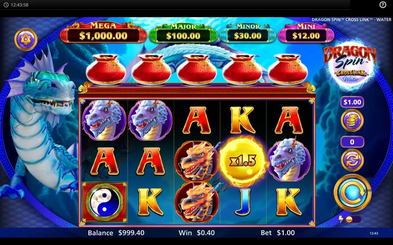Dragon Spin Crosslink Water gameplay showing the 5x4 grid with pearl multipliers above the reels and the 4-tier jackpot bags