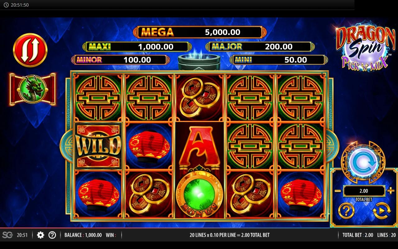 Dragon Spin Pick 'N' Mix 5x3 grid with blue WILD orb and the five-tier MINI to MEGA Dragon Pots jackpot ladder