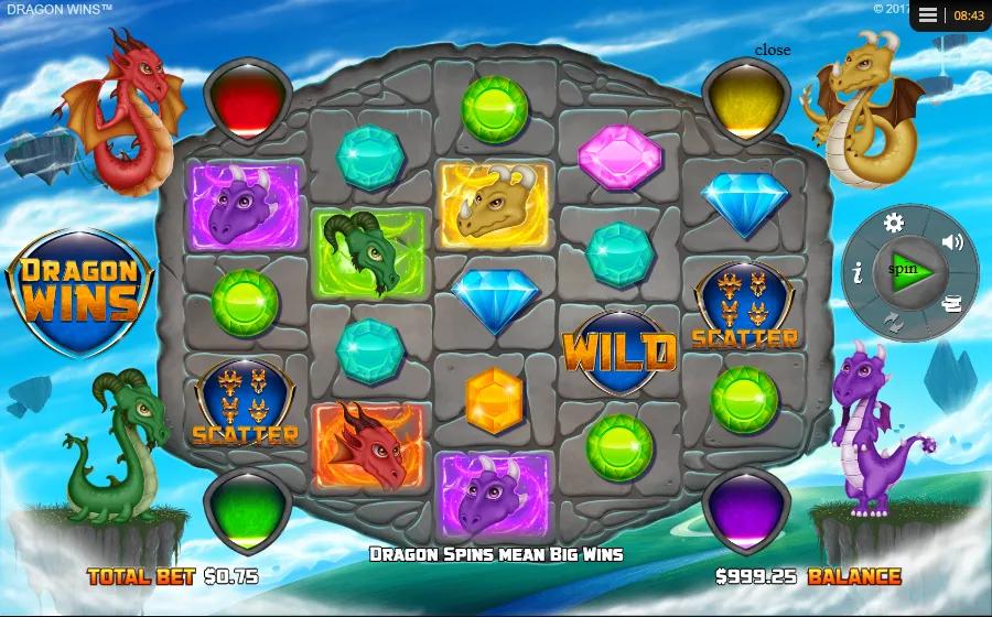 Dragon Wins slot showing 5x3 grid on a stone tablet with four corner dragon meters, gem symbols and a gold wild badge