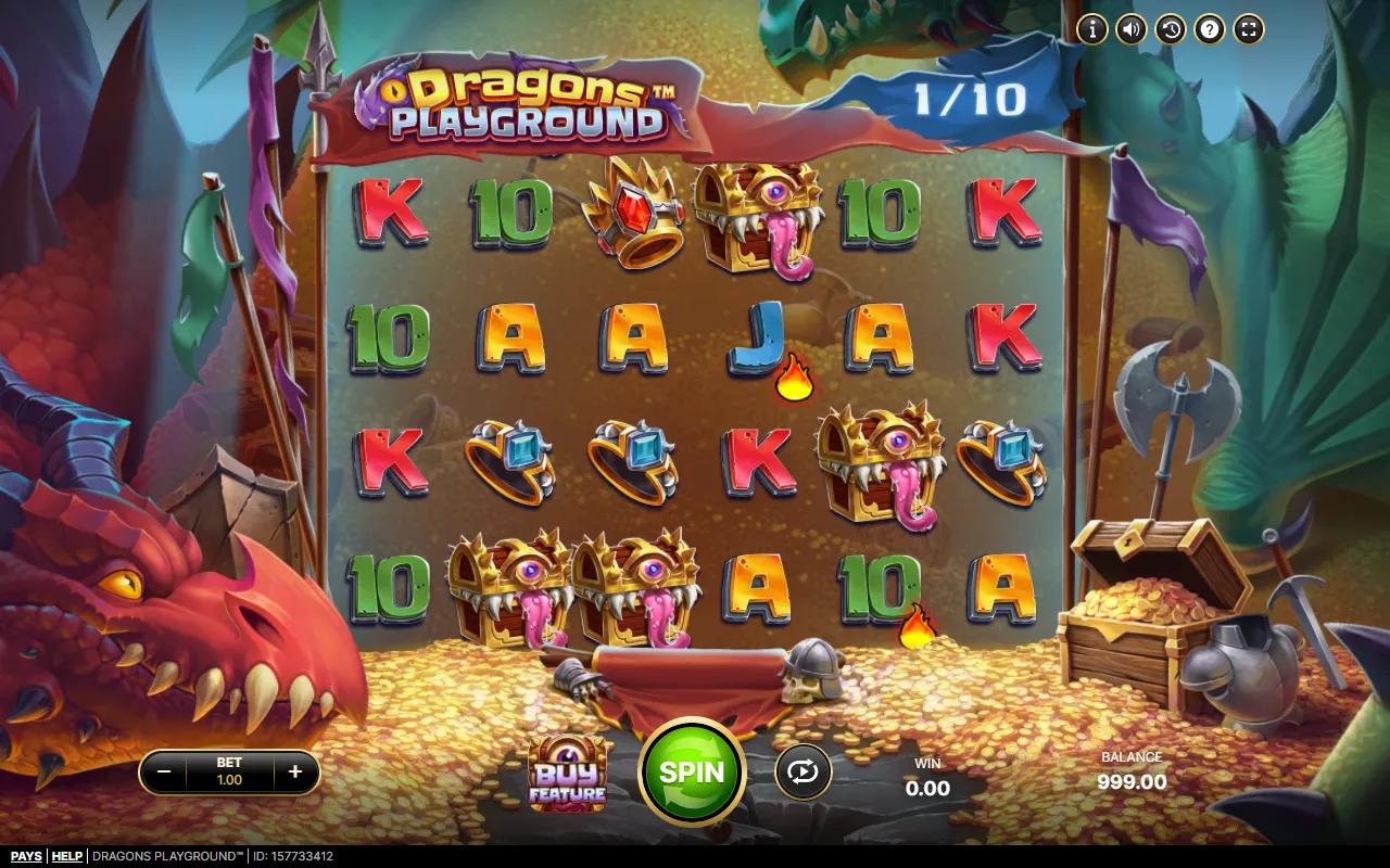 Dragons Playground slot gameplay showing the 6x4 grid on a gold hoard with flame symbols and 1/10 cycle