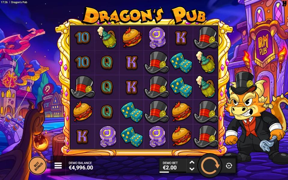 Dragon's Pub 6x5 grid holding seven top hat symbols scattered across the board with no winning cluster formed