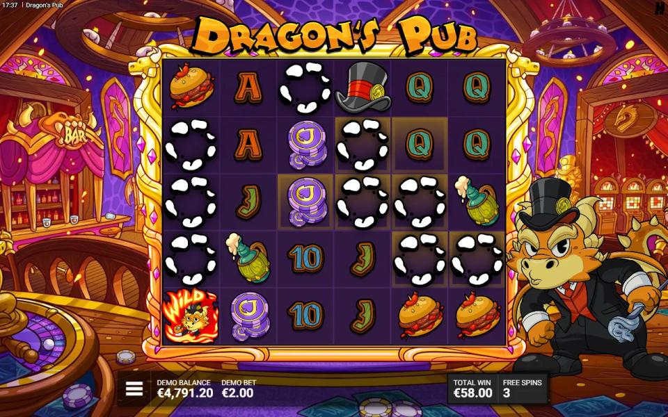 Dragon's Pub free spins grid with nine Marked Squares outlined in white dots and the flaming dragon Wild on the first reel