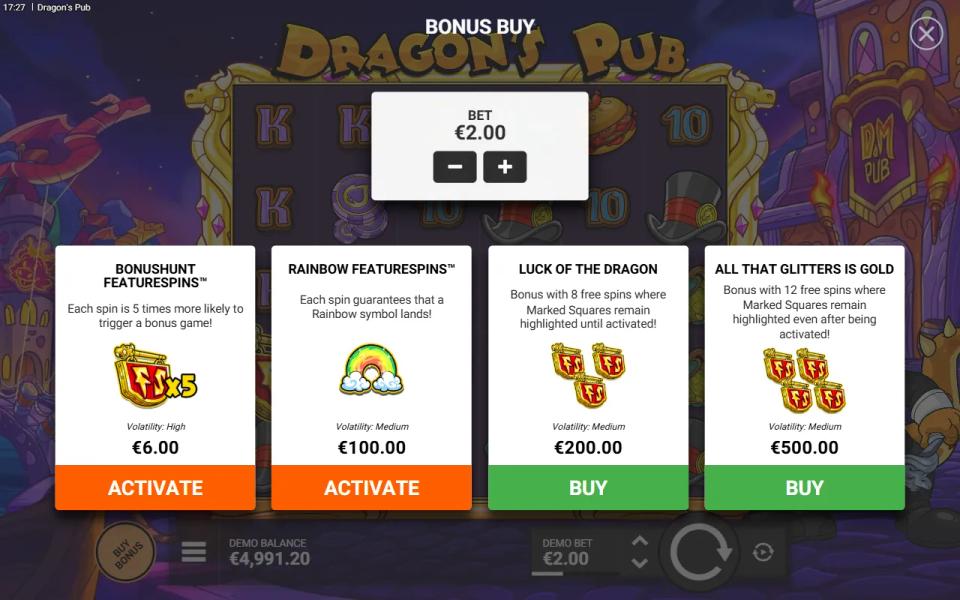 Dragon's Pub bonus buy menu showing four purchases with their prices and individual volatility ratings