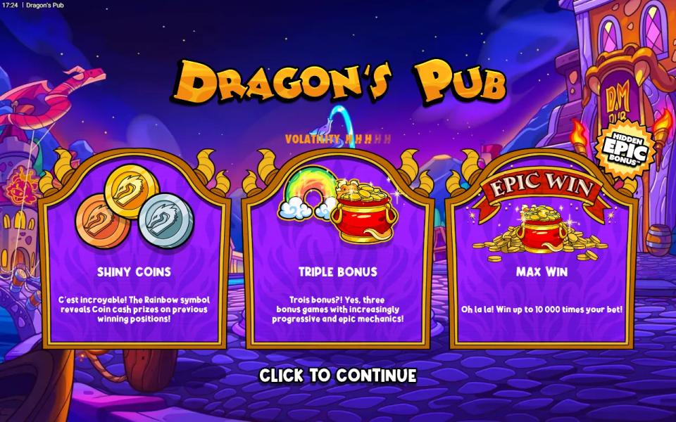 Dragon's Pub intro screen with a five-step volatility meter, three feature panels and a 10,000x maximum win claim