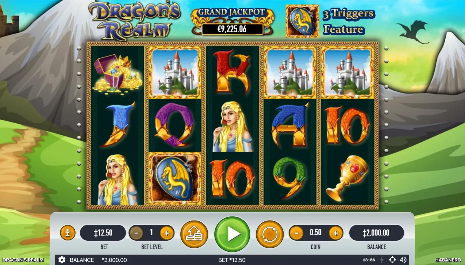 Dragon's Realm slot gameplay showing 5x3 grid with red dragon wild, knight, princess, castle and dragon-shield scatter on a green medieval landscape