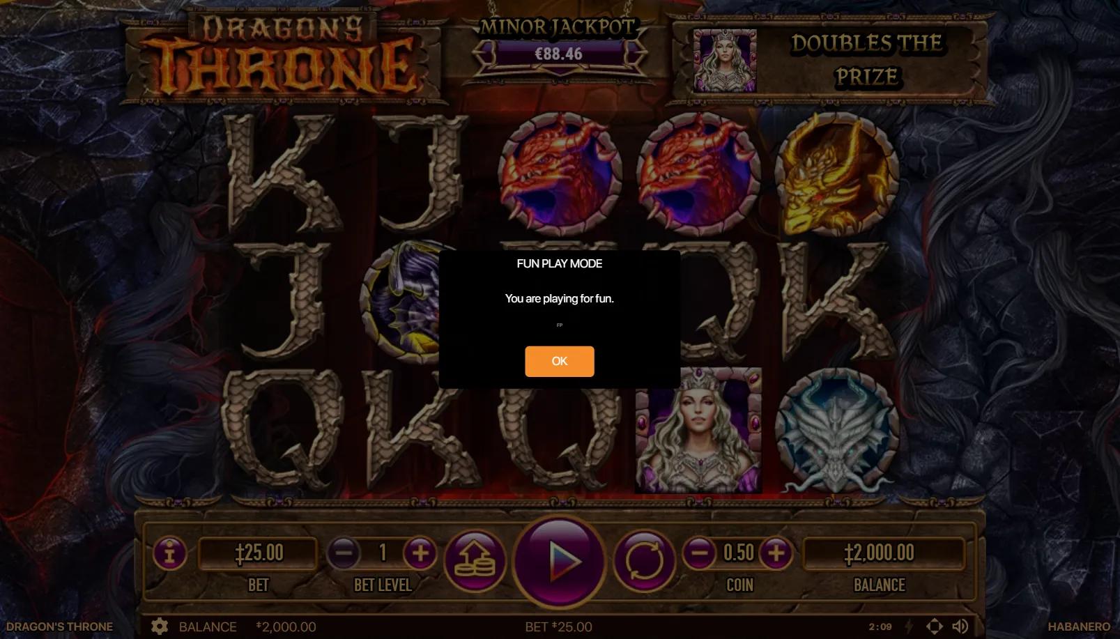 Dragon's Throne 5x3 grid with stacked Dragon Wilds, dragon champion medallions and Dragon Queen on stone royals