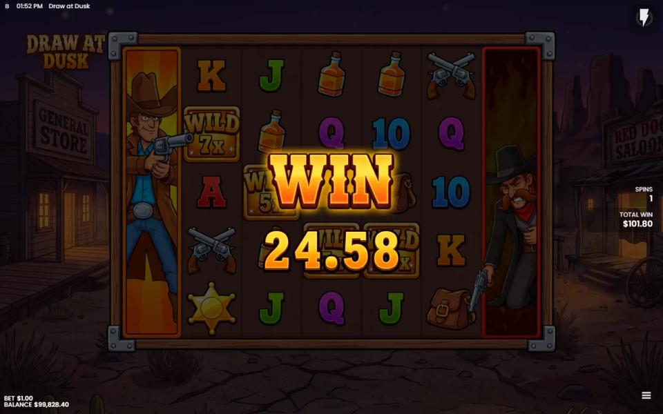 Quickdraw bonus free spin with Carter's Wilds carrying 7x and 5x multipliers on the board