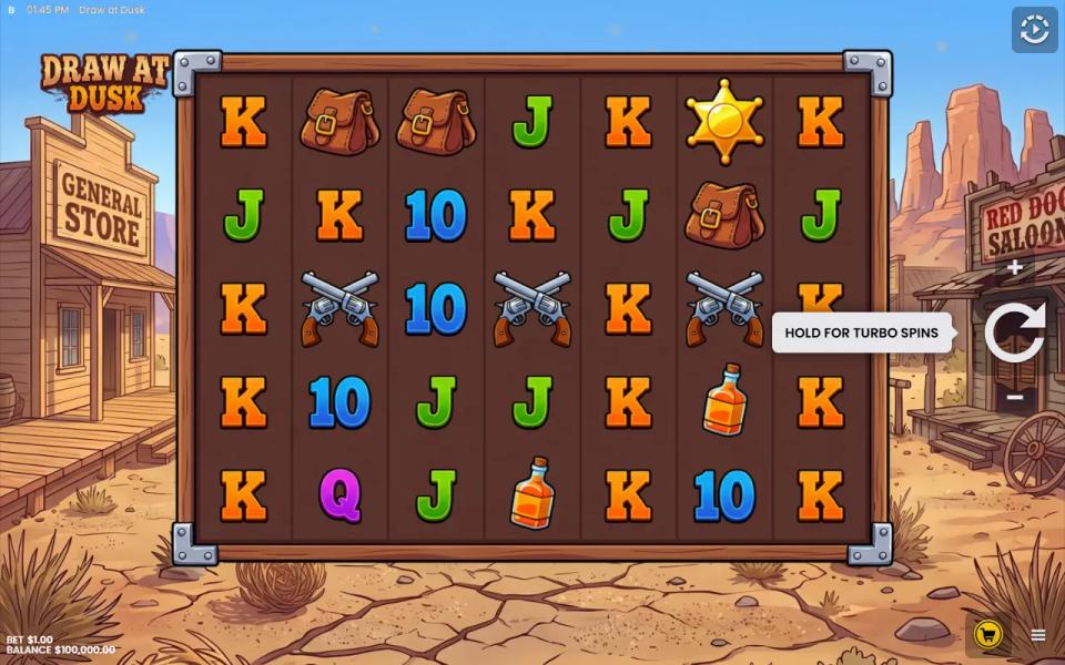 Draw at Dusk base game board, seven reels by five rows of card symbols, saddlebags, bottles, sheriff stars and crossed pistols in front of a western street