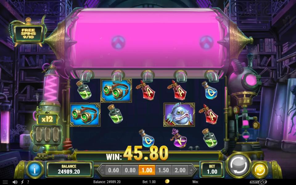 Drops of Insanity free spins with the tank turned pink, free spins 9 of 10 and the multiplier meter at x12 beside the reels