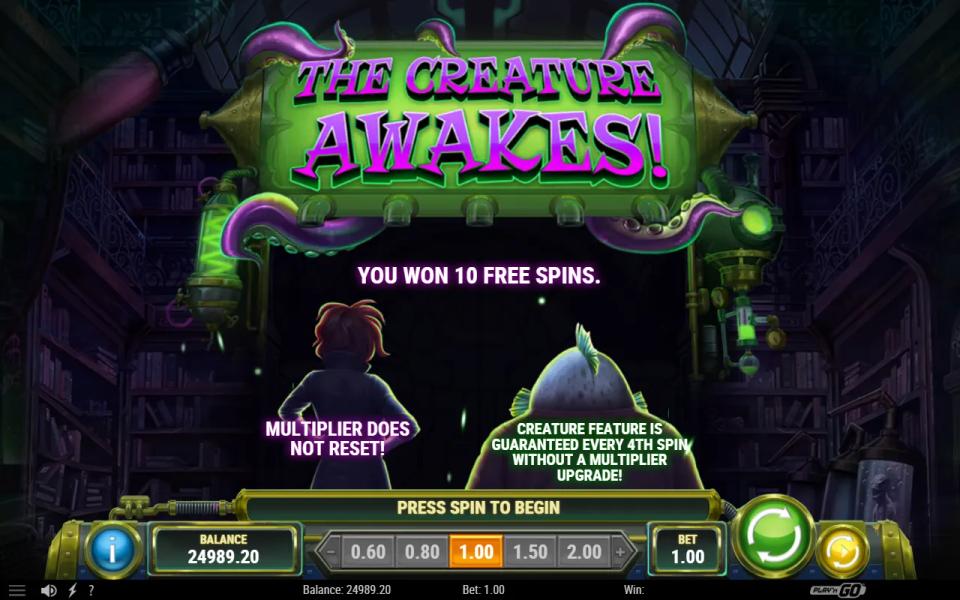 Drops of Insanity free spins intro card announcing 10 free spins, a multiplier that does not reset and a Creature feature guaranteed every fourth spin without a multiplier upgrade